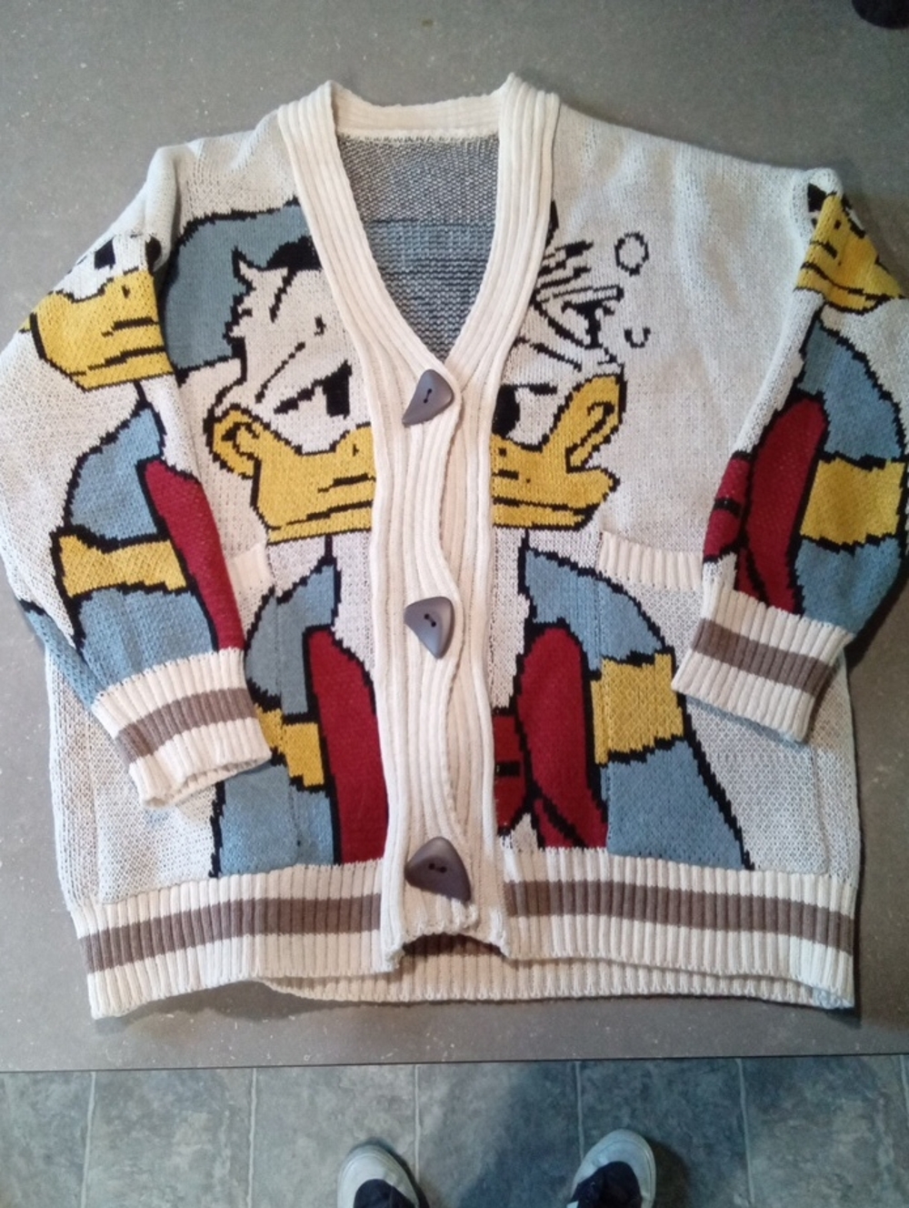 Cream Donald Duck Graphic Knit Cardigan Sweater
